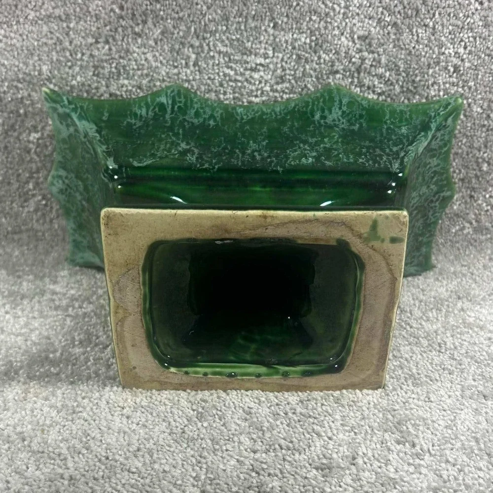 Pedestal Planter Green Scalloped Ceramic Centerpiece Bowl Vintage